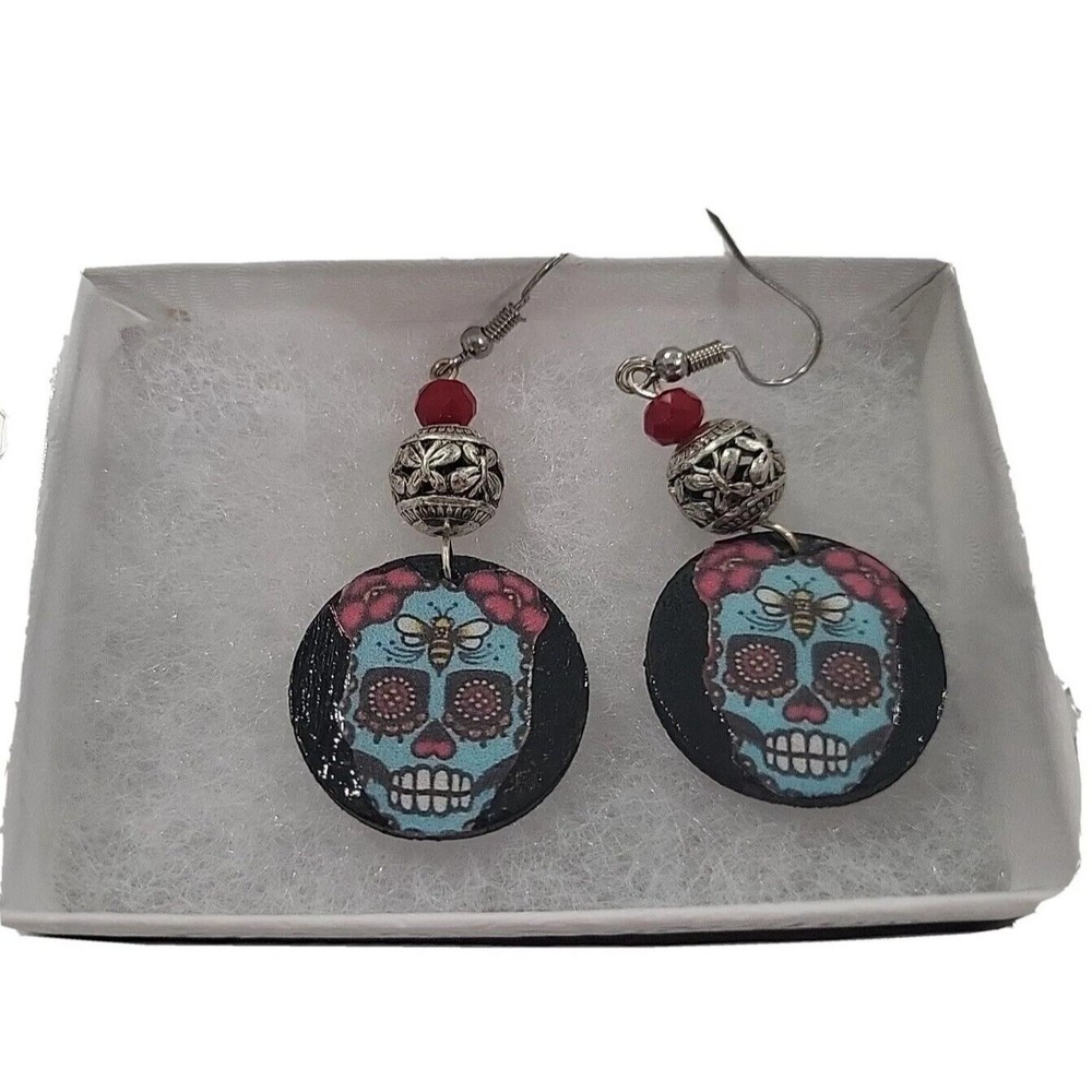 Day of the Dead Sugar Skull Earrings Aqua Black Halloween 🎃
